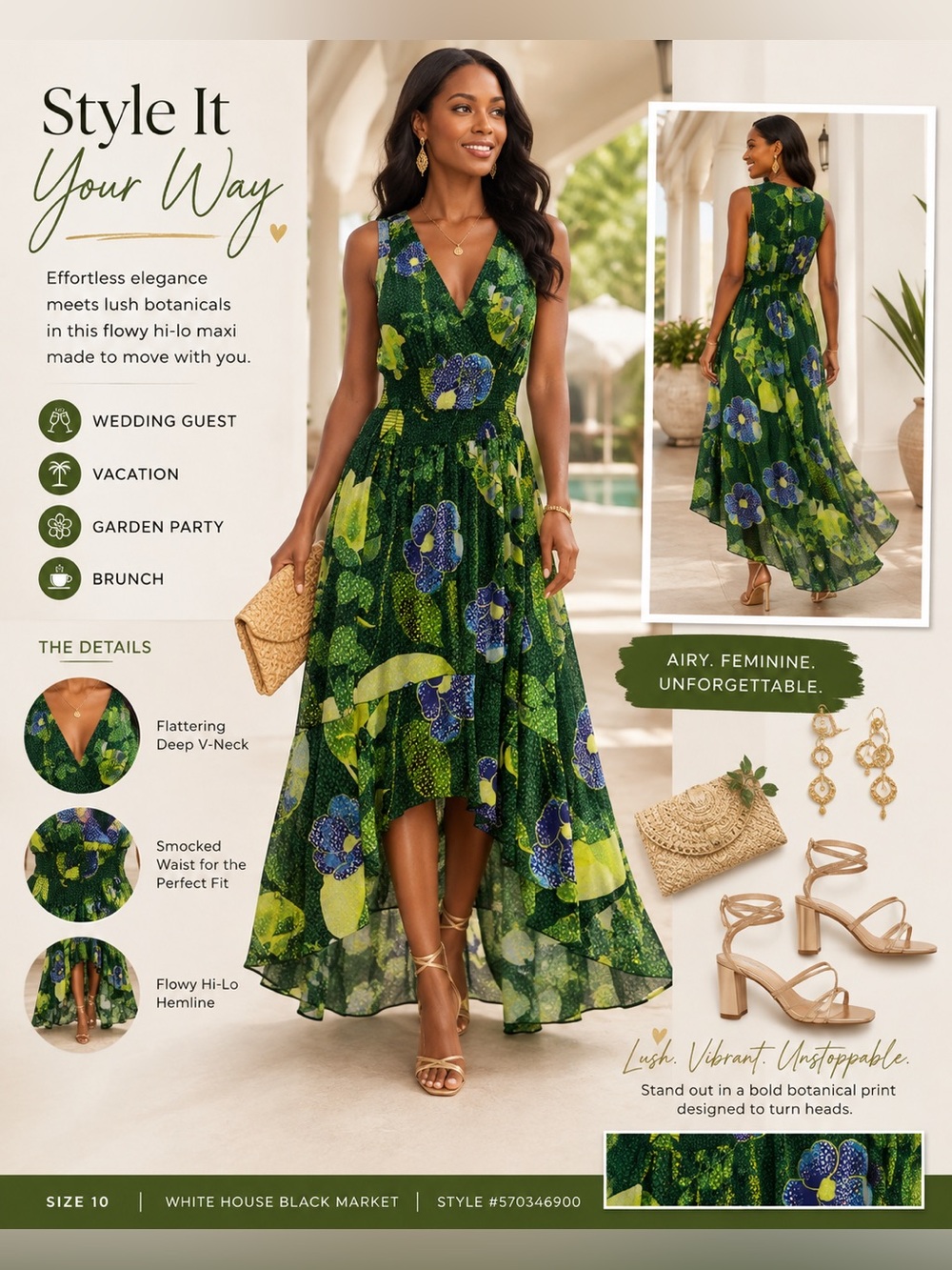 White House Black Market Lush Garden Floral Hi-Low Maxi Dress Size 10 NWT